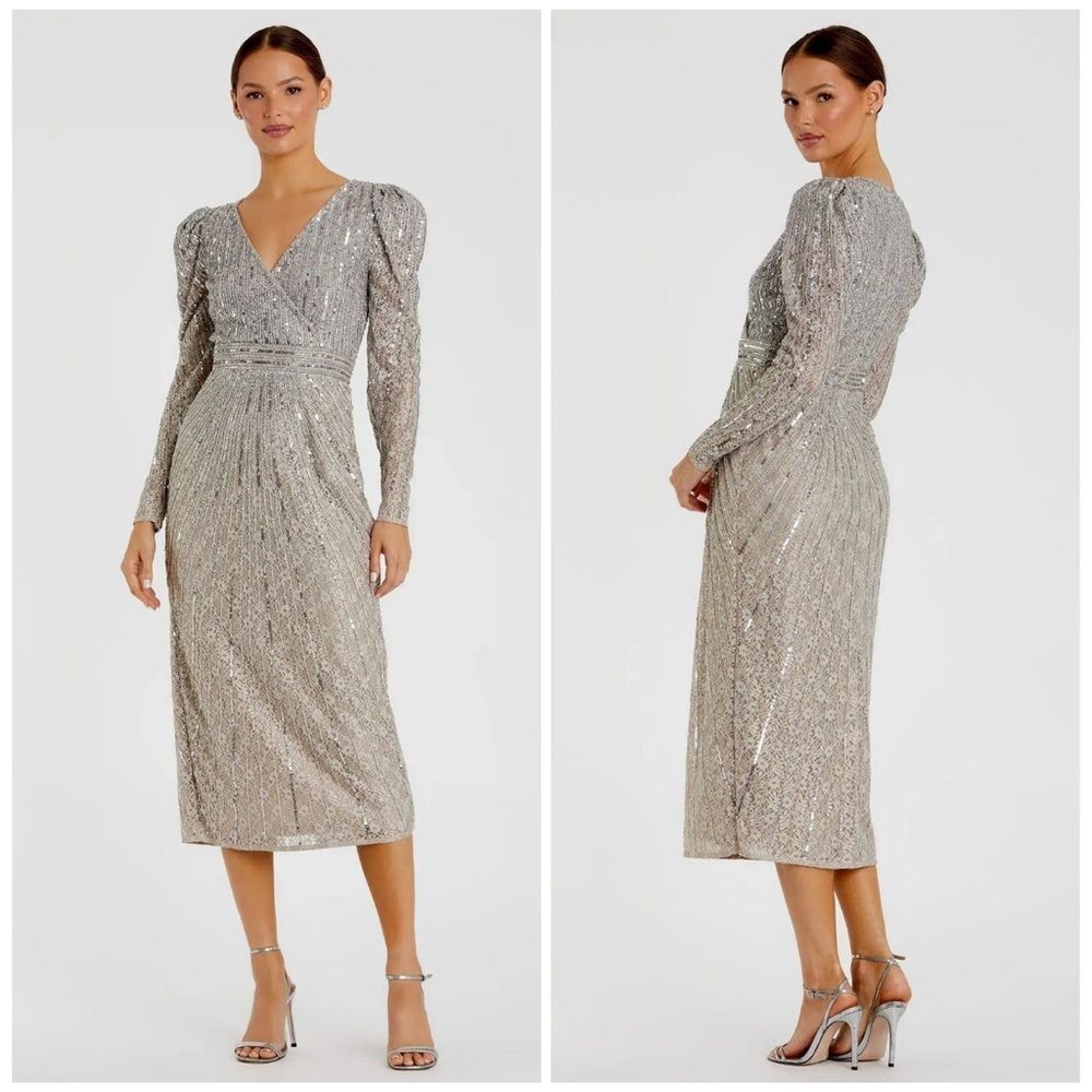 Mac Duggal Silver Sequins Beaded Lace Long Sleeve Midi Dress Size 14 NEW